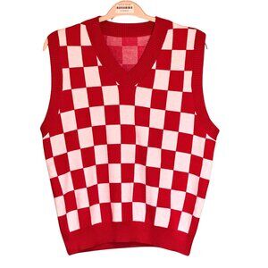 Red and White Checkered Sweater Vest - Size 0XL